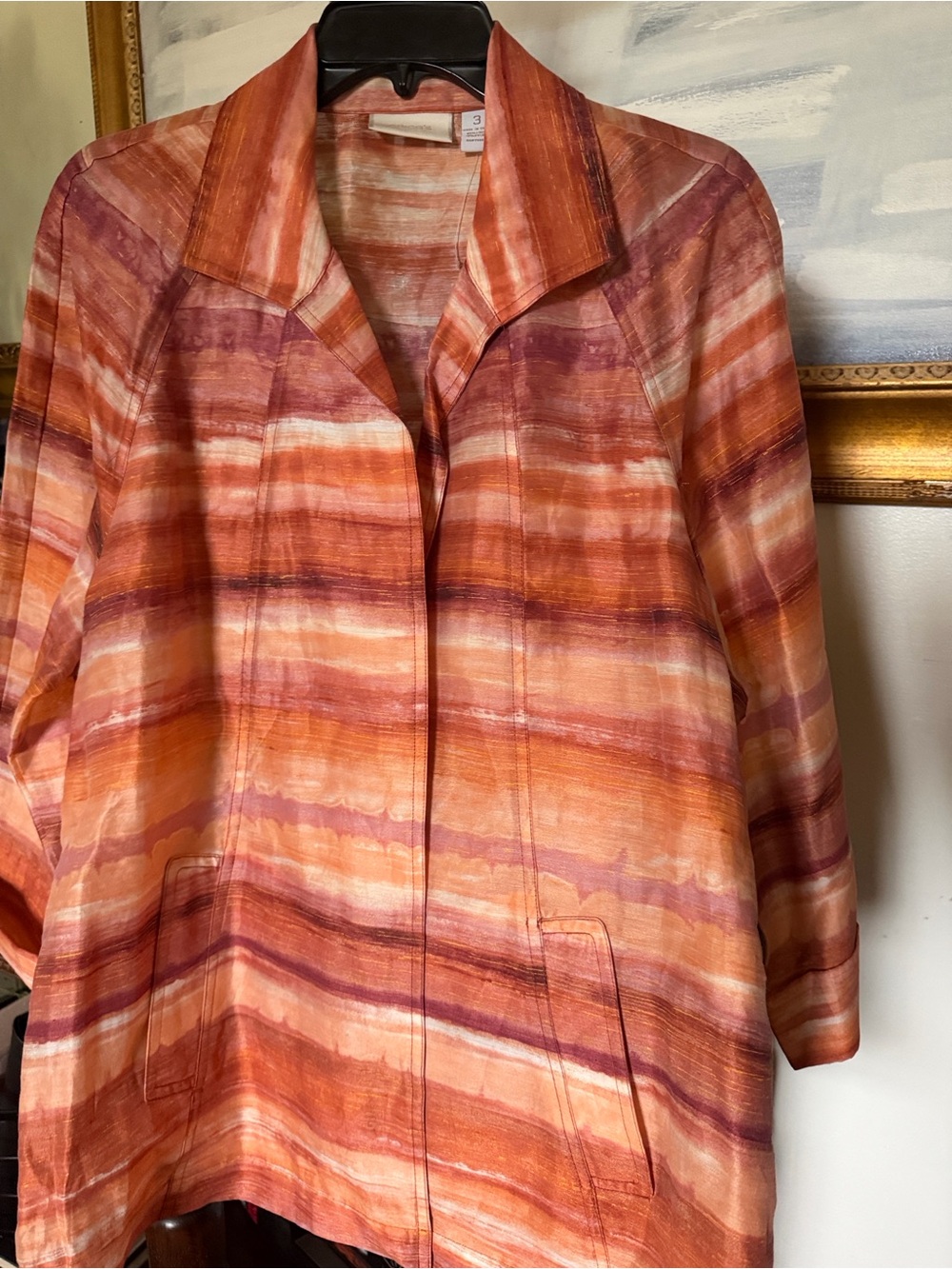 Chico's Striped Open-Front Tunic Jacket in Orange and Coral